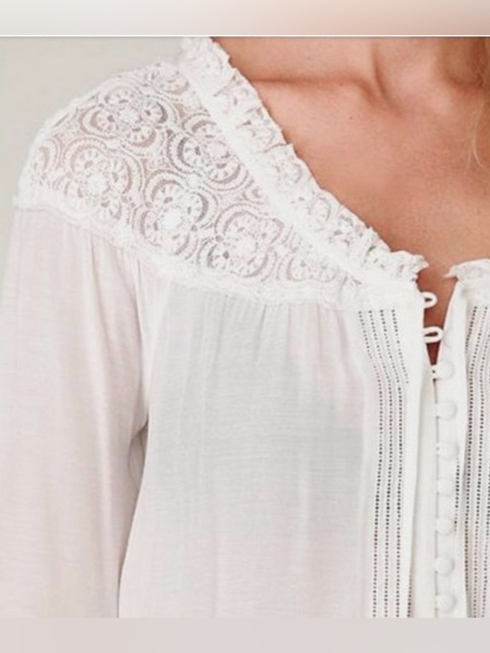 Free People sheer button-down features delicate lace trim and ruffle sleeves - Picture 4 of 11